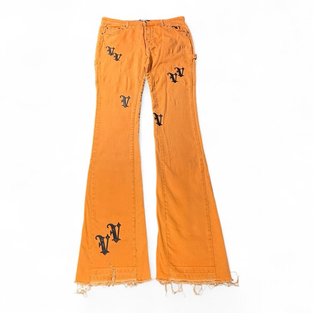 Valabasas Jeans 37x41 Y2K Orange Flare All Over Leather Patch Carpenter RARE